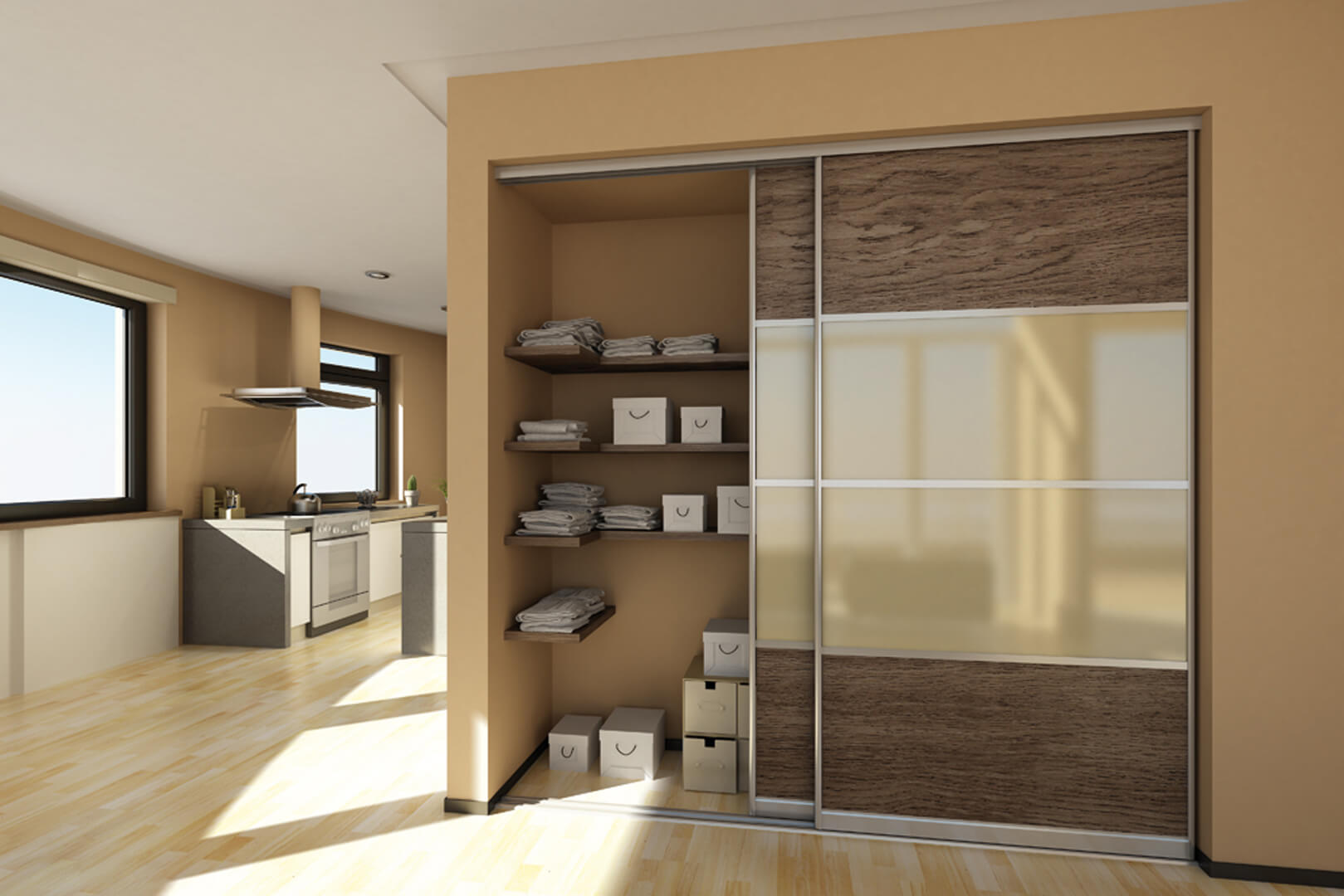 Duża drewniano szklana szafa z drzwiami przesuwnymi składająca się z 2 skrzydeł