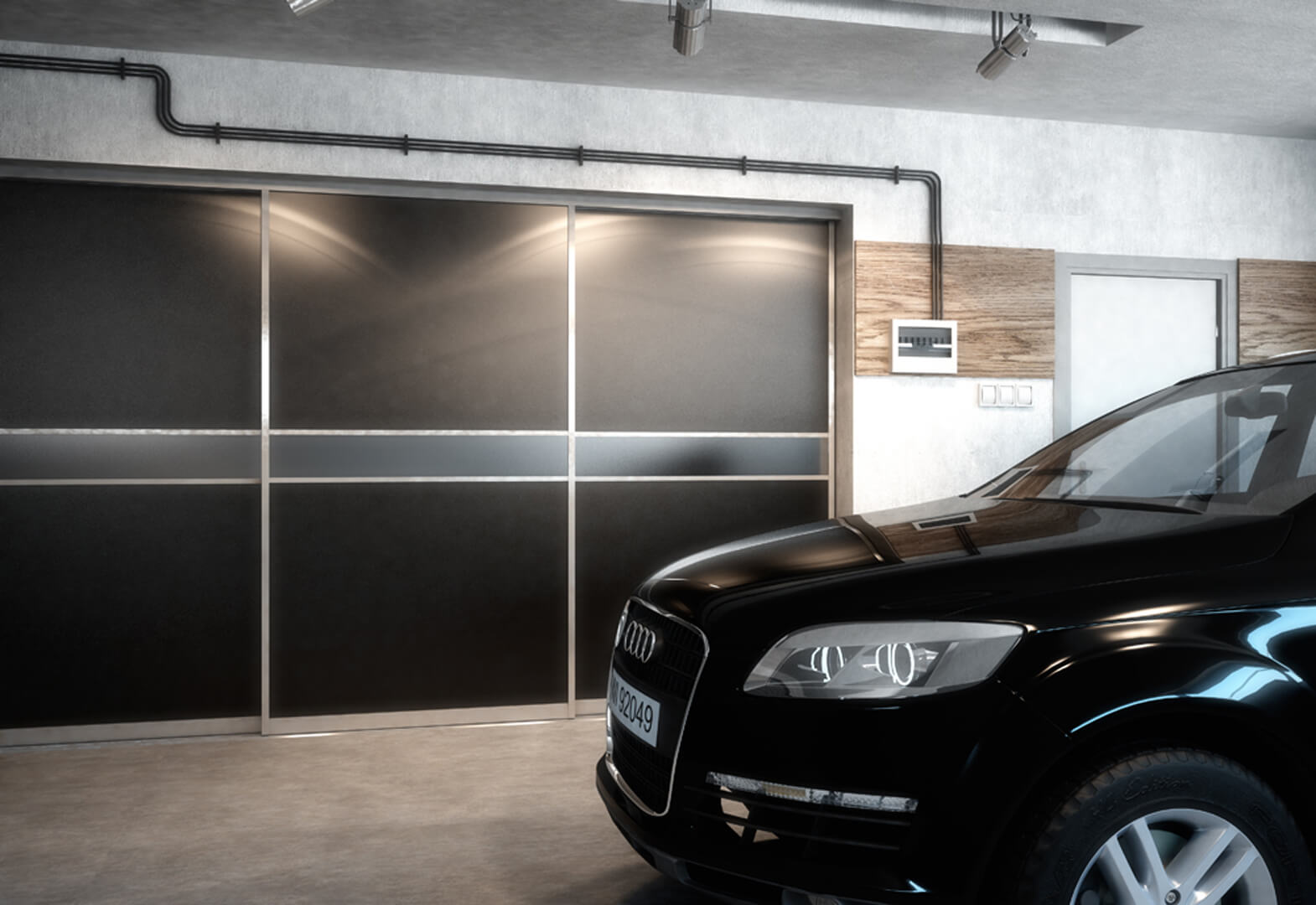 Duża szafa z drzwiami przesuwnymi w garażu samochodowym