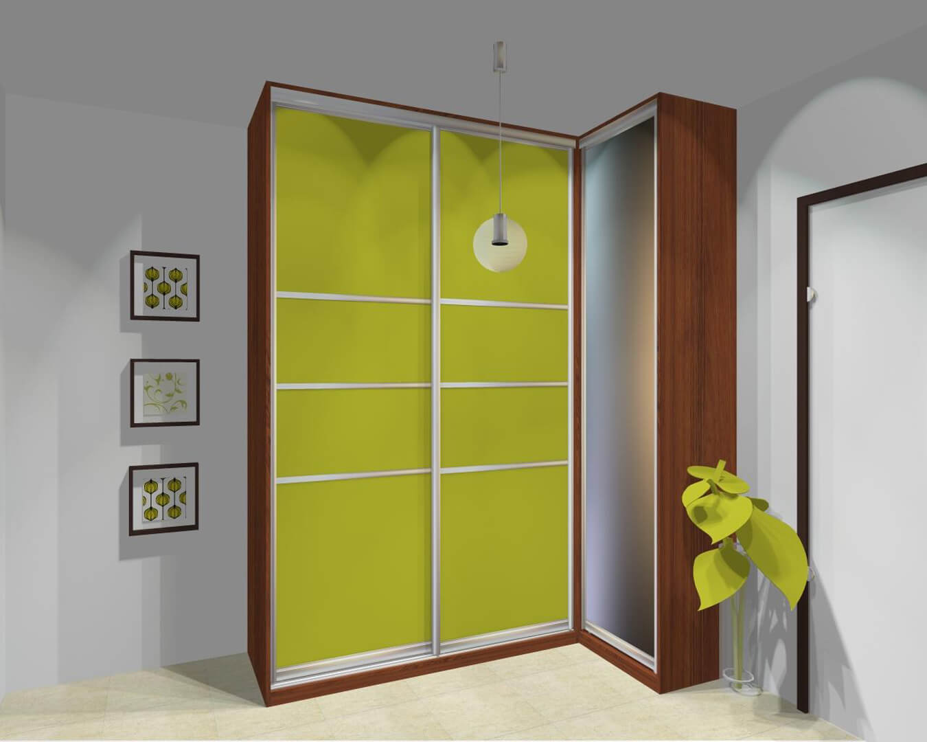 Projekt szafy narożnej z zielonymi drzwiami przesuwnymi w przedpokoju